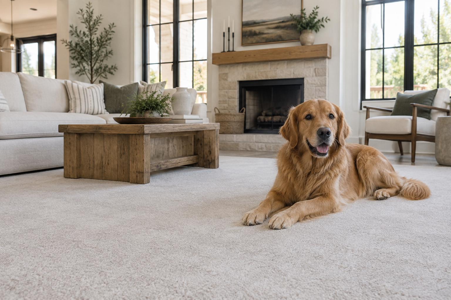Dog resting on clean carpet in an illustrative modern farmhouse living room